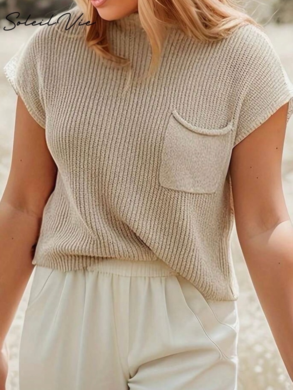 Beige Knit Pocket Top